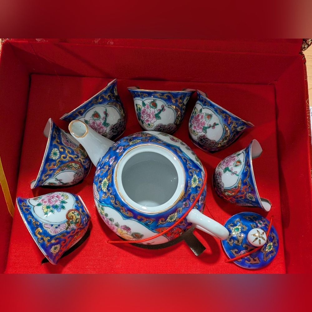 Vintage Chinese Vibrant Blue and White Floral Ceramic Miniature Tea Set